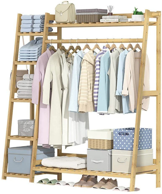 Bamboo Freestanding Clothing Rack With Shelves Wardrobe Coat Rack
